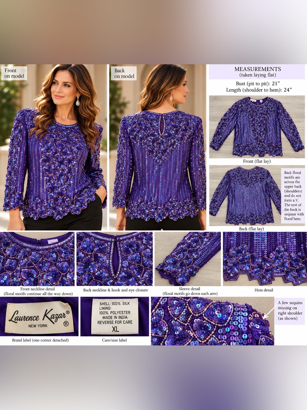 Lawrence Kazar Purple Silk Beaded Sequin Top Beaded Glam Top in Purple XL